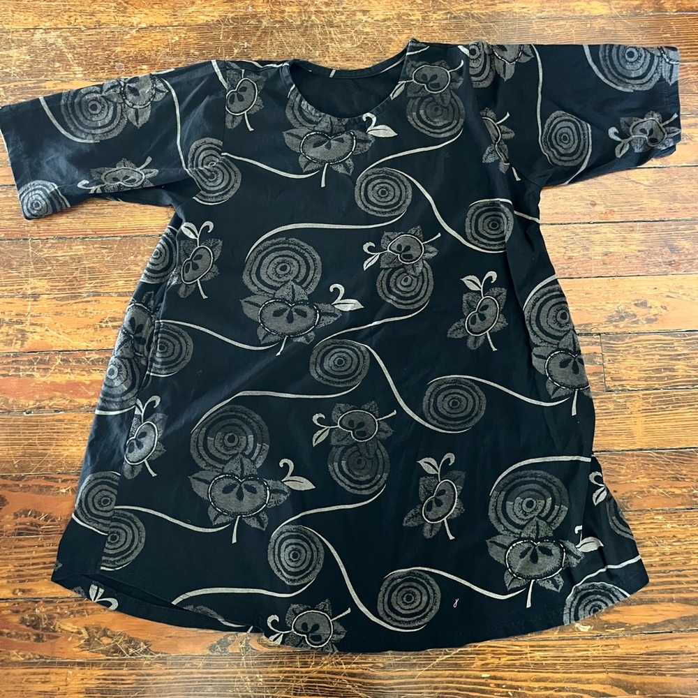 Asian inspired Black cotton jersey Floral Patterned Dress medium